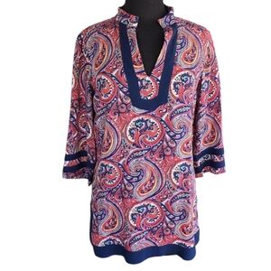 Tina Stephens Small Bohemian Blouse Paisley Print Tunic Top Coastal Chic